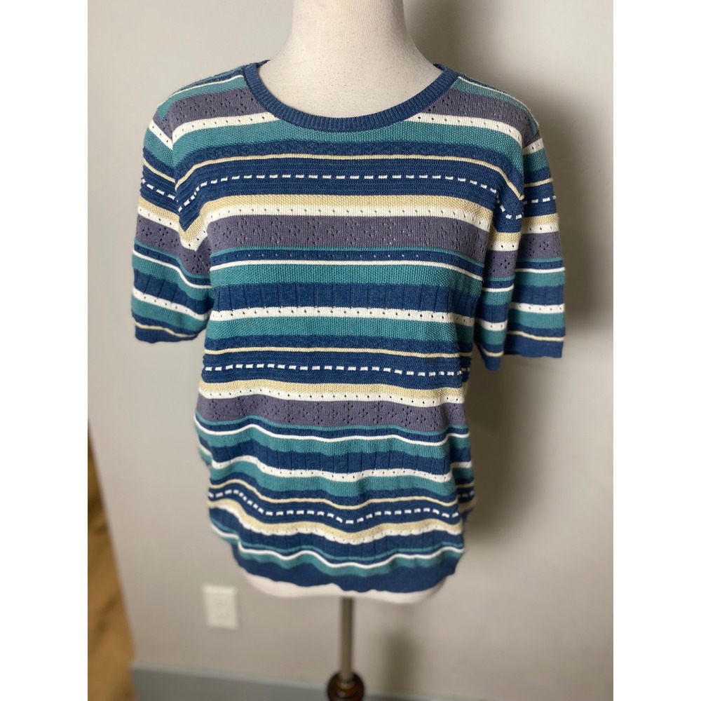 Vintage 90s Alfred Dunner Striped Pointelle Knit Short Sleeve Sweater Blue M